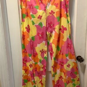 Lilly Pulitzer Vintage Bright Floral Wide-Leg Pants in Pink, Yellow & Orange